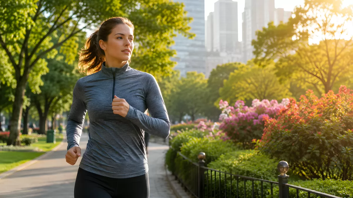 Frau joggt bei Sonnenaufgang durch Stadtpark