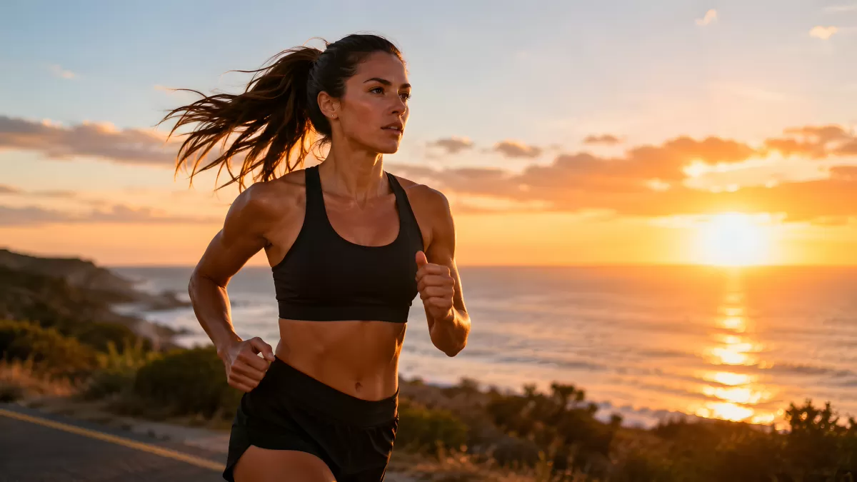 Frau joggt bei Sonnenuntergang am Meer entlang