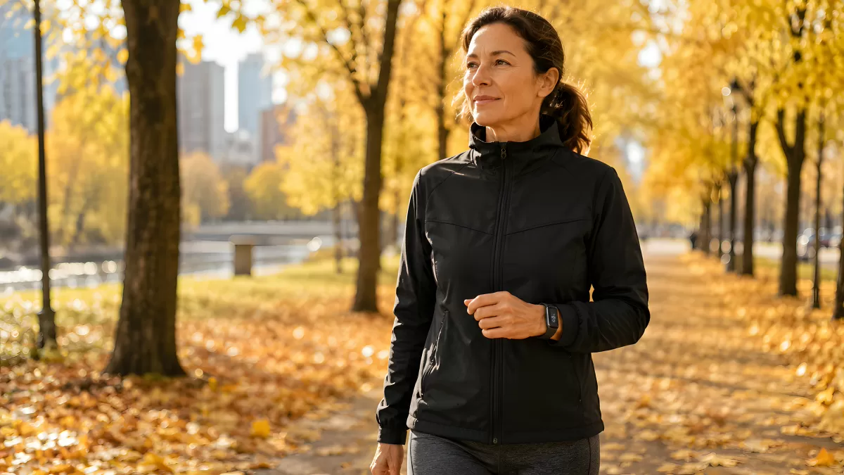 Frau joggt im Herbstpark mit goldenem Laub