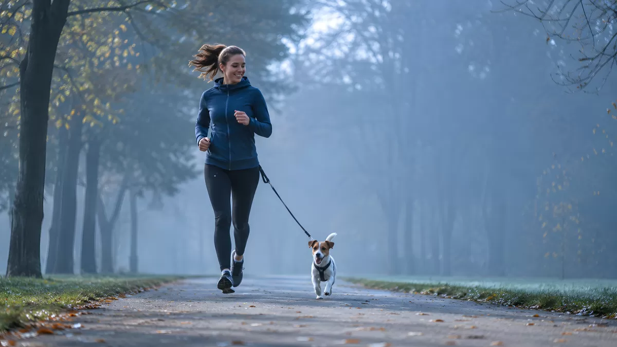Frau joggt mit Jack Russell Terrier im Herbstpark