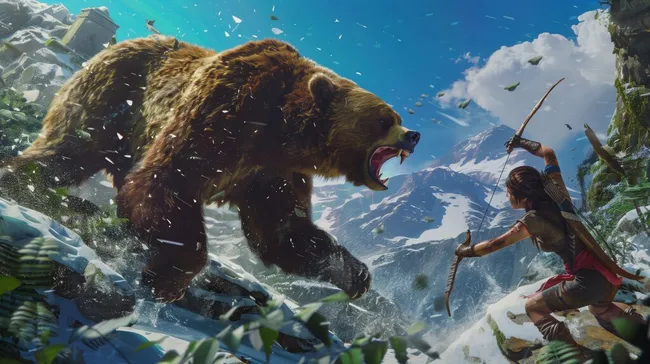 Frau kämpft gegen riesigen Bären in winterlicher Berglandschaft