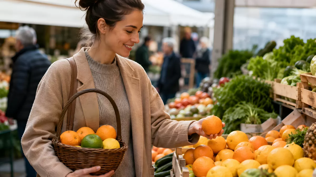 Frau kauft frische Orangen auf dem Wochenmarkt