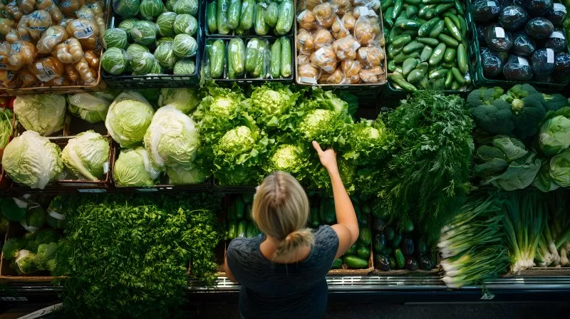 Frau kauft frisches Gemüse in der Obst und Gemüseabteilung von oben