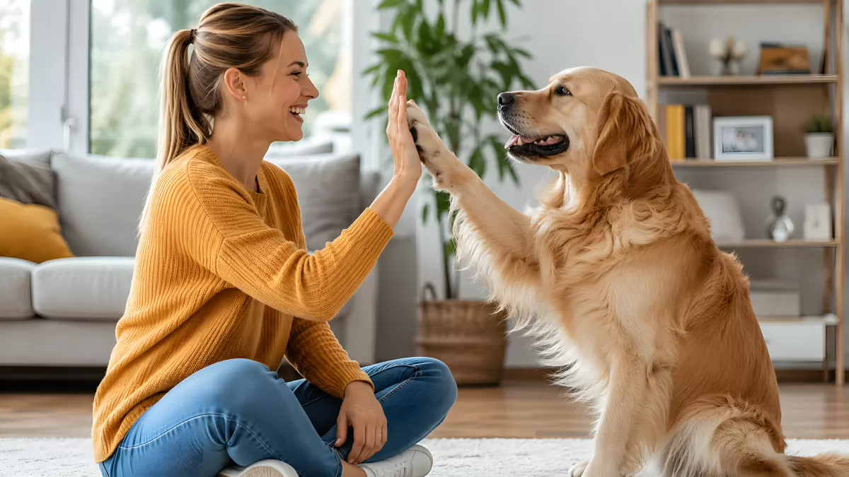 Frau klatscht Golden Retriever im Wohnzimmer ab