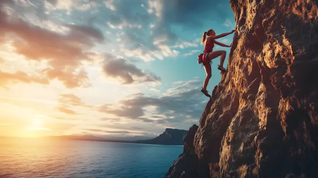 Frau klettert an Felsen bei Sonnenuntergang