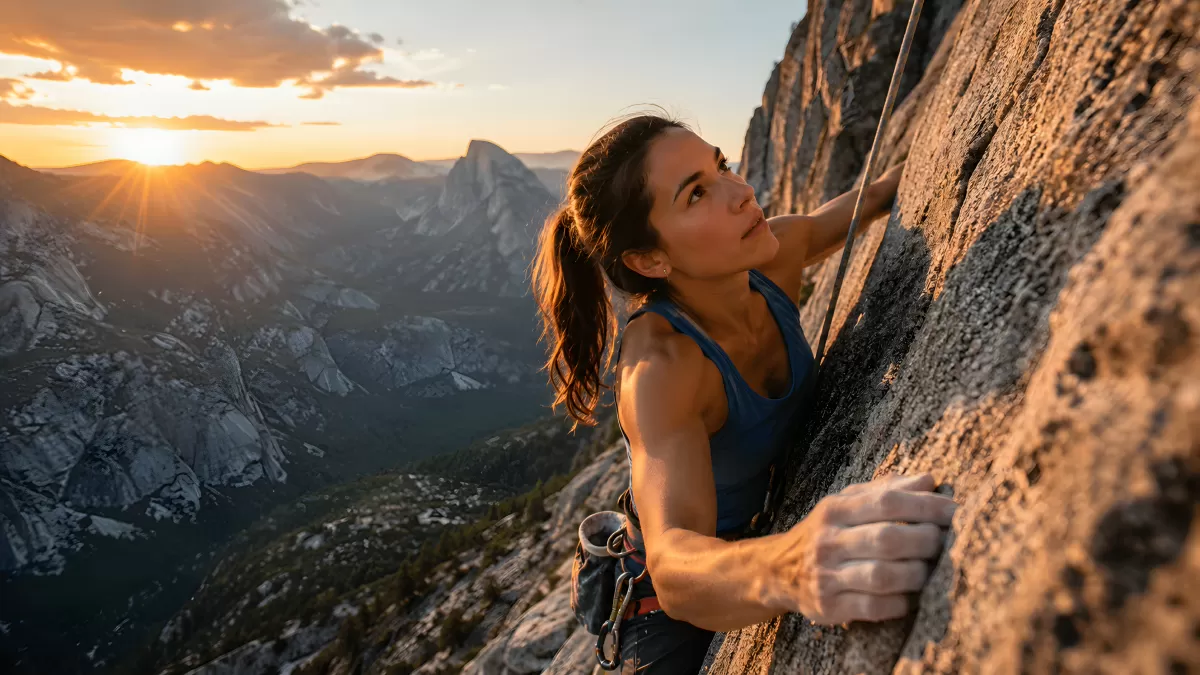 Frau klettert Felswand bei goldenem Sonnenuntergang