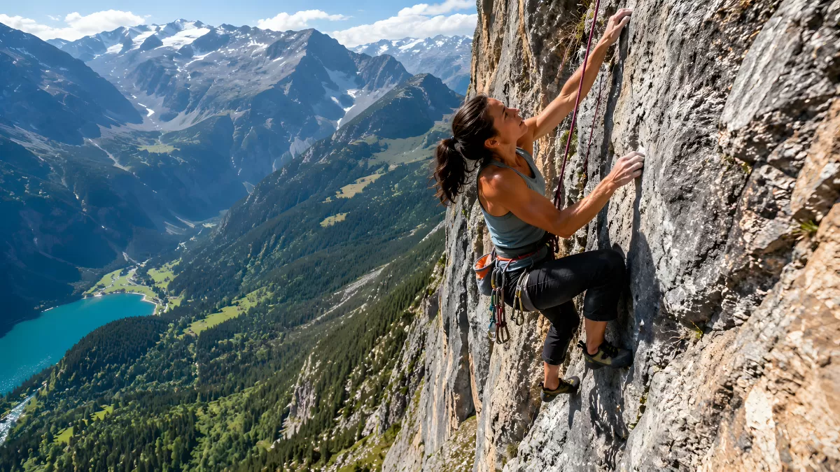 Frau klettert steile Felswand mit Alpenpanorama