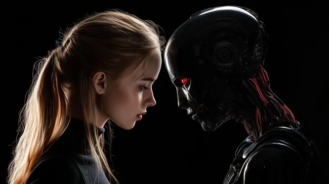 Frau konfrontiert futuristische KI-Robotervisage