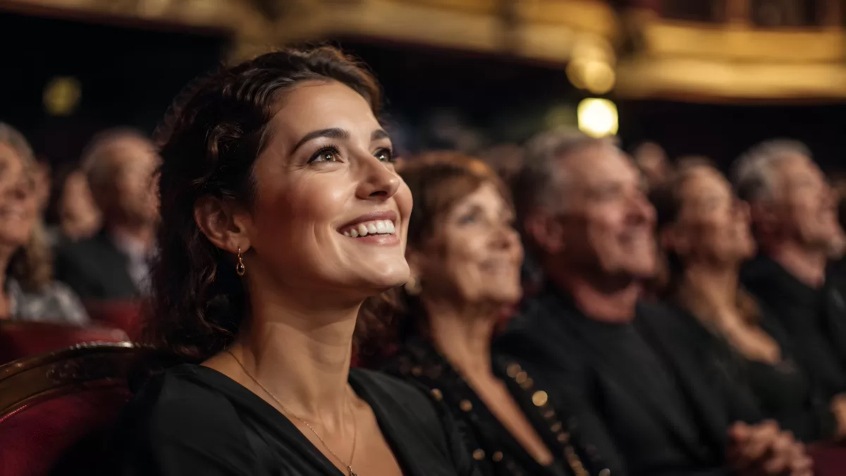 Frau lächelt begeistert im Theatersaal beim Zuschauen