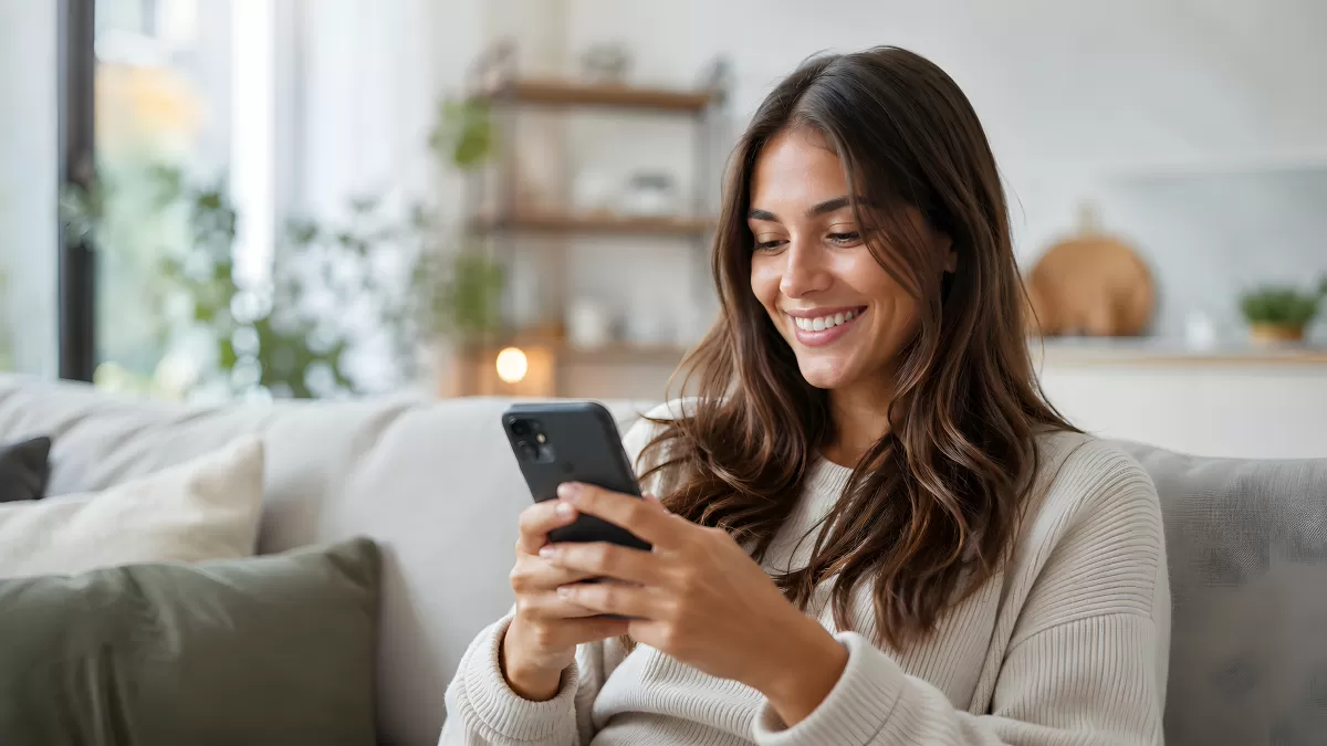Frau lächelt entspannt beim Scrollen auf dem Smartphone
