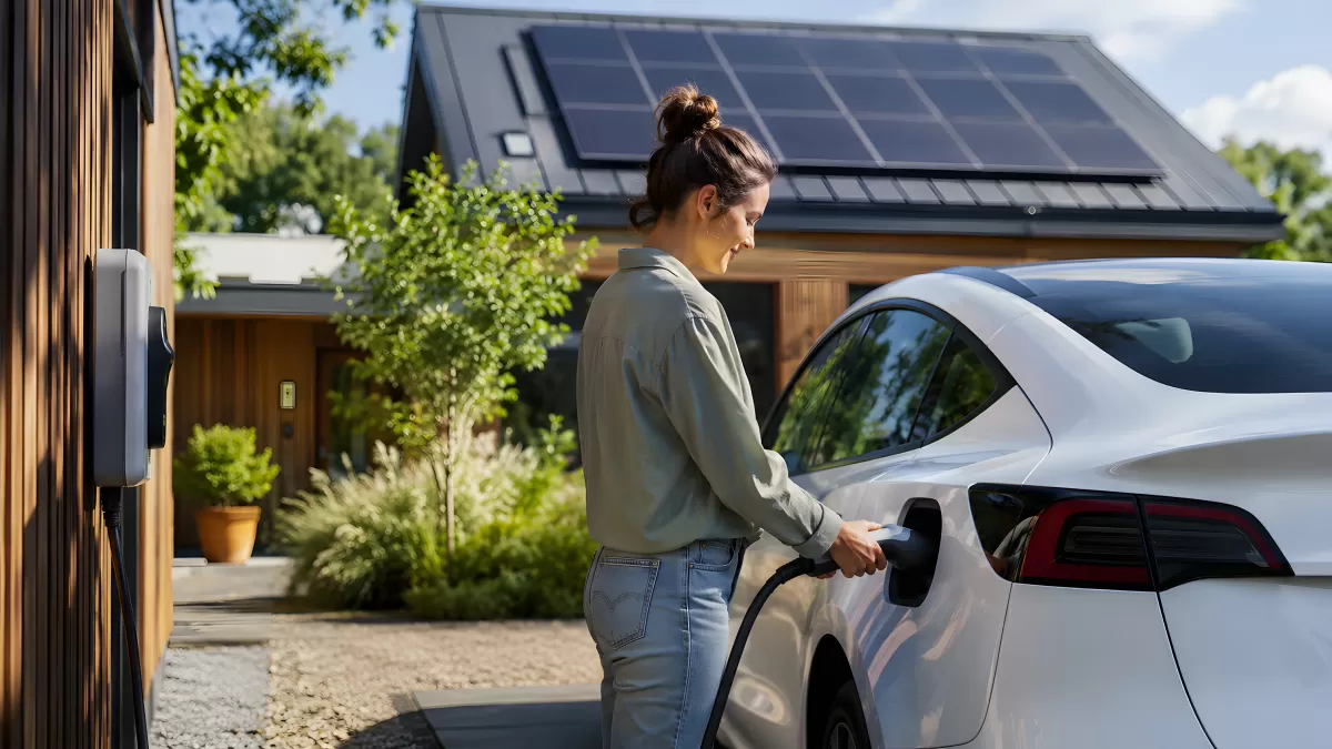 Frau lädt Elektroauto mit Solaranlage auf dem Dach