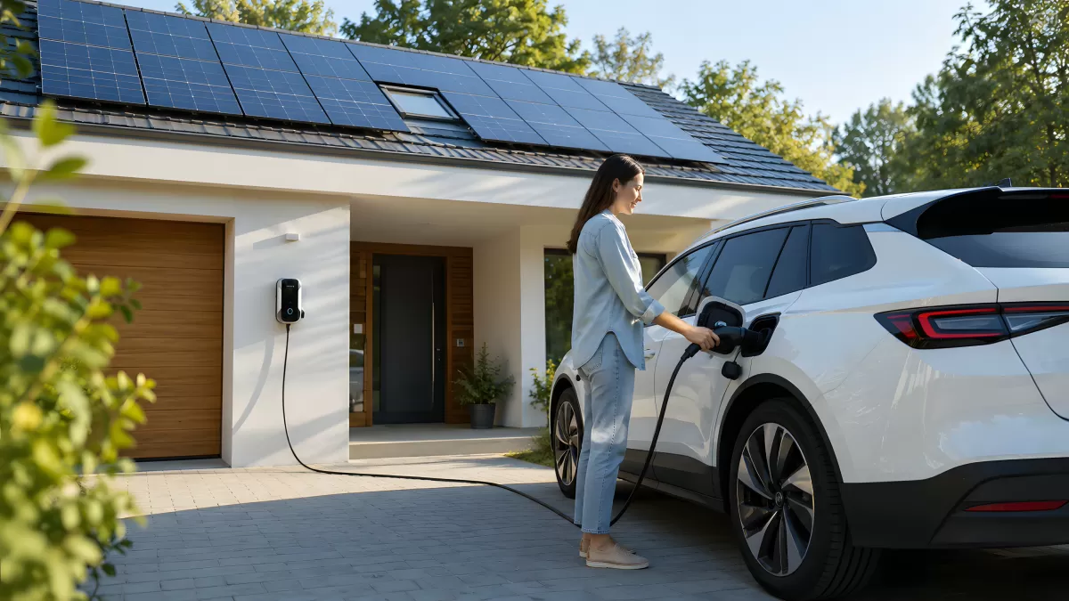 Frau lädt Elektroauto mit Solarstrom vom Hausdach