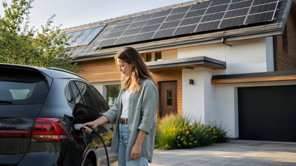 Frau lädt Elektroauto vor Haus mit Solarpanelen