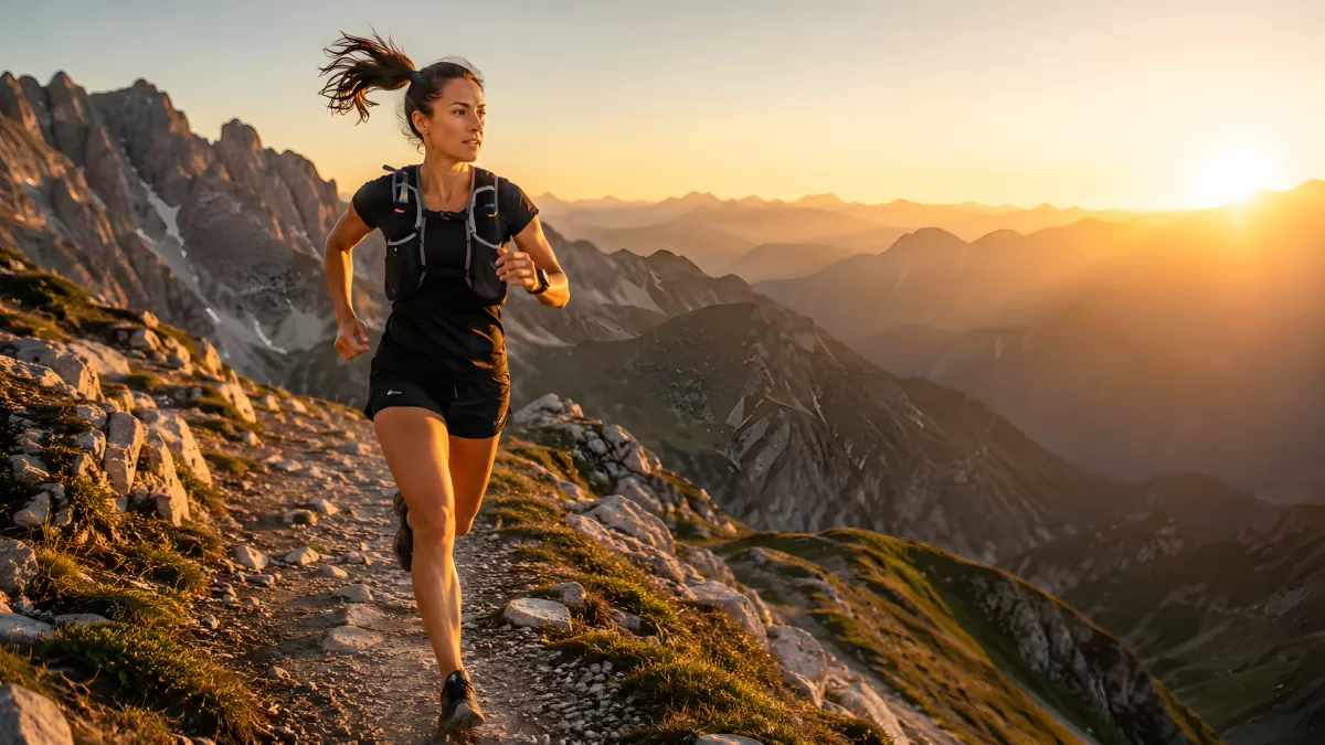 Frau läuft bei Sonnenuntergang auf Bergpfad