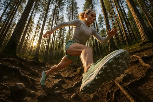 Frau läuft durch sonnenerleuchteten Waldweg