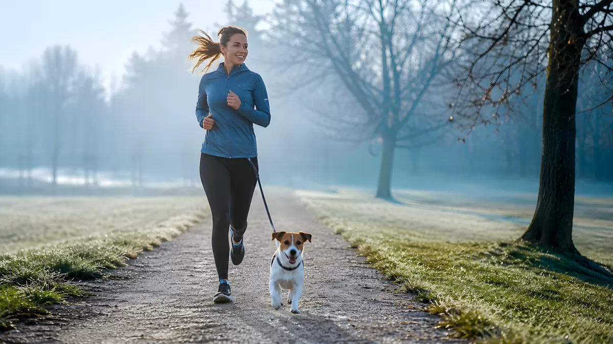 Frau läuft mit Jack Russell Terrier im Herbstpark