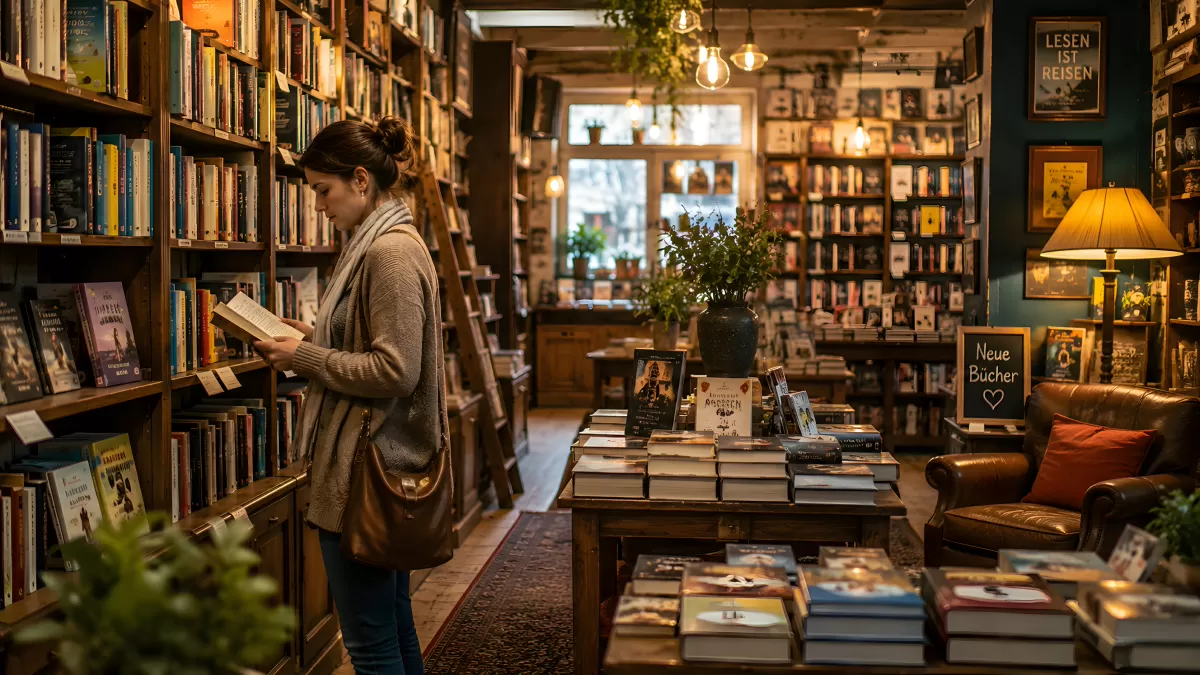 Frau liest Buch in gemütlicher Buchhandlung