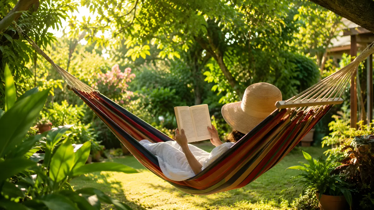 Frau liest Buch in Hängematte im sommerlichen Garten