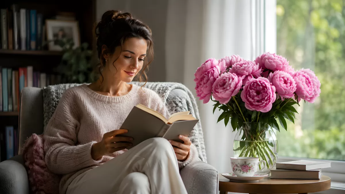 Frau liest entspannt ein Buch im Sessel mit Pfingstrosen