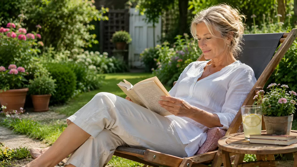 Frau liest entspannt ein Buch im sommerlichen Garten