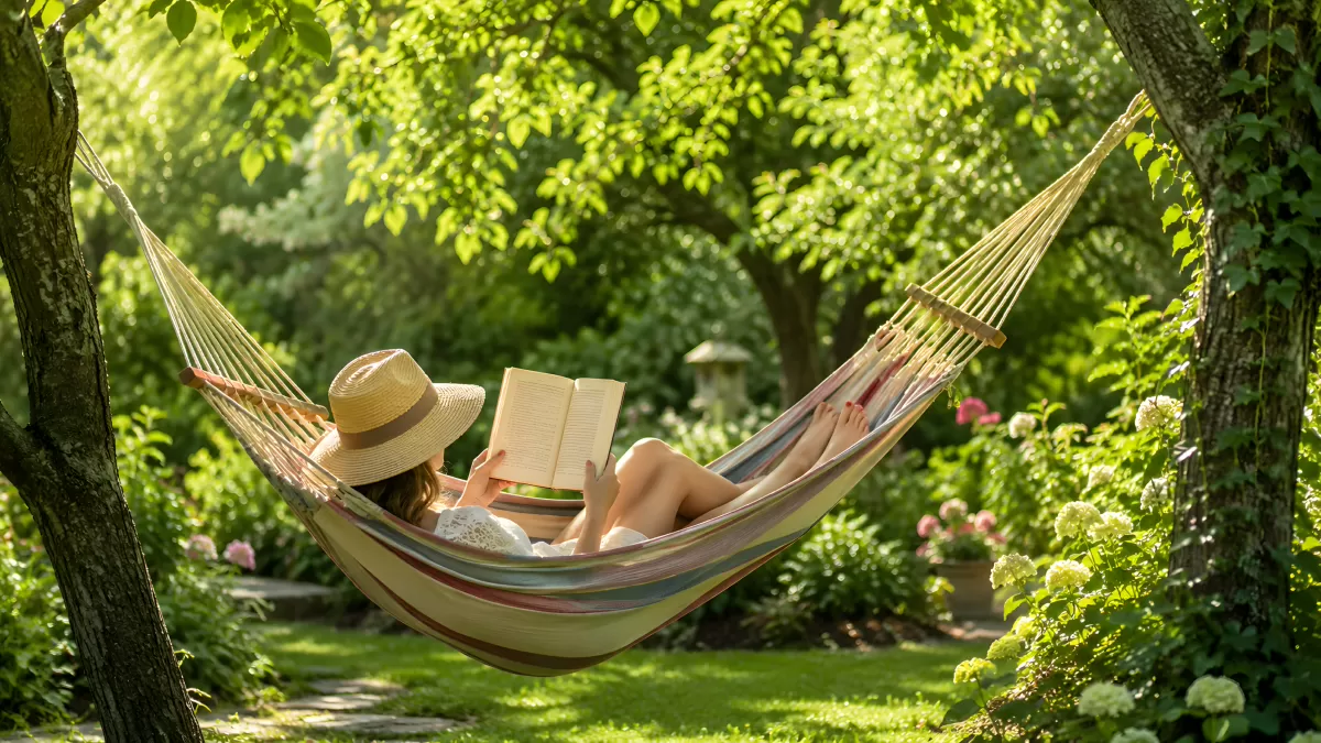 Frau liest entspannt im Hängematte im Sommergarten