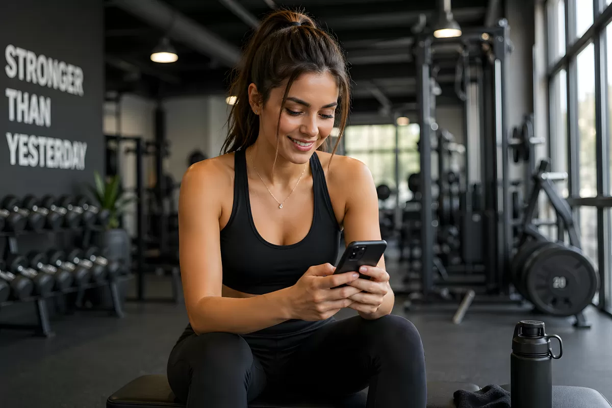 Frau macht Pause im Fitnessstudio mit Smartphone