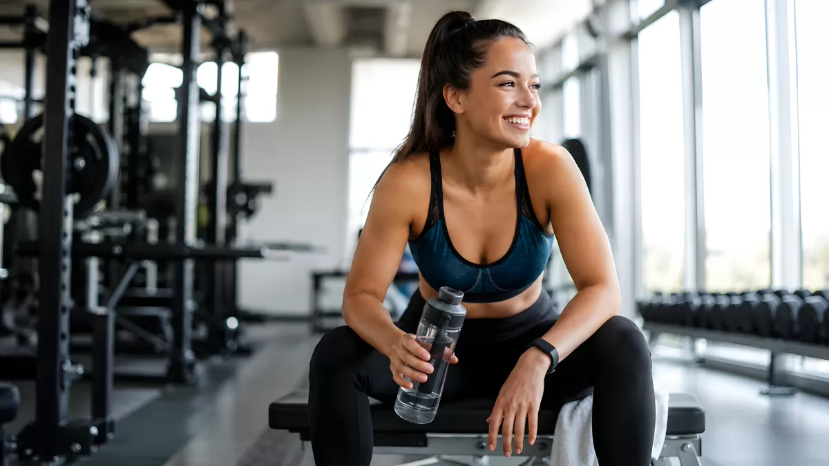 Frau macht Pause im Fitnessstudio mit Wasserflasche
