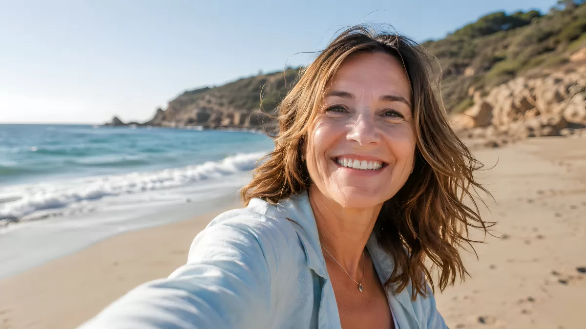 Frau macht Selfie am Strand mit Meeresblick