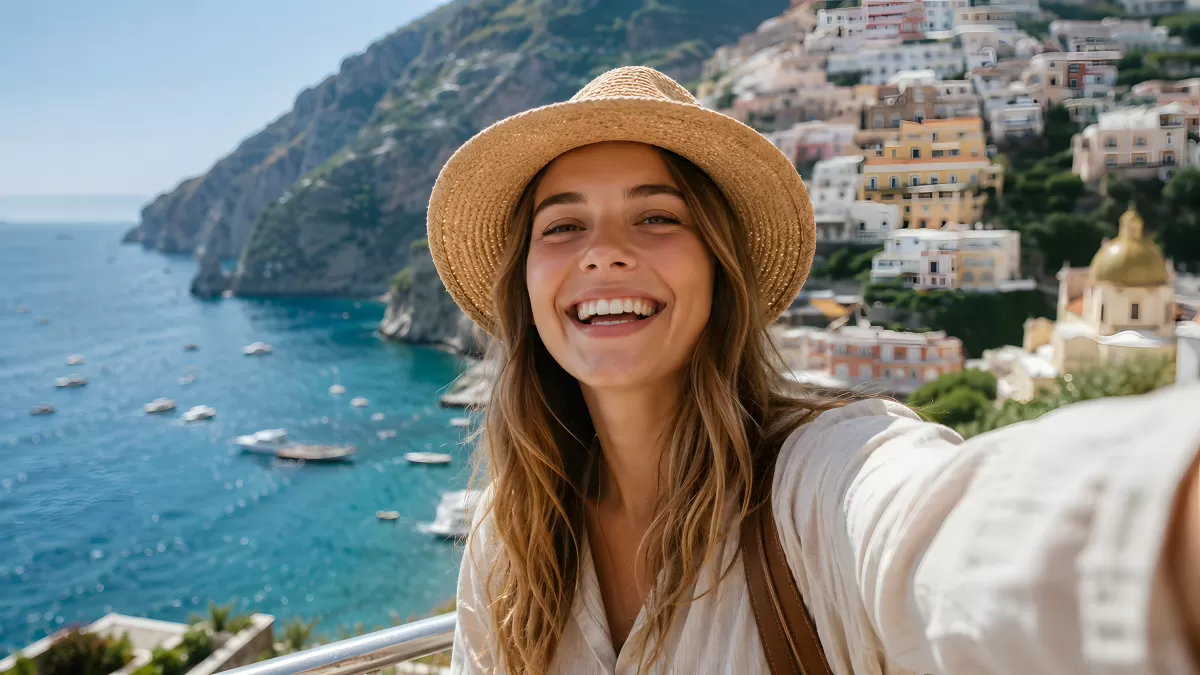 Frau macht Selfie mit Blick auf Positano am Meer