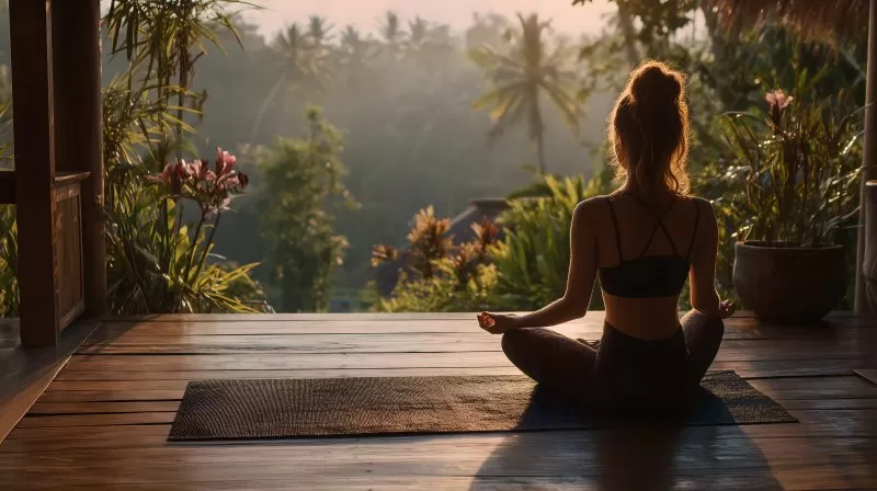Frau macht Yoga im tropischen Bali bei Sonnenaufgang
