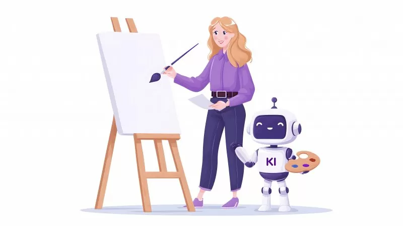 Frau malt mit Pinsel auf Leinwand neben KI-Roboter mit Farbpalette