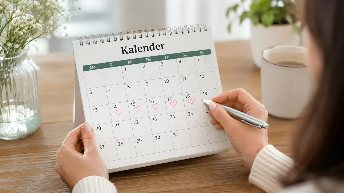 Frau markiert Tage im Kalender mit Herzen