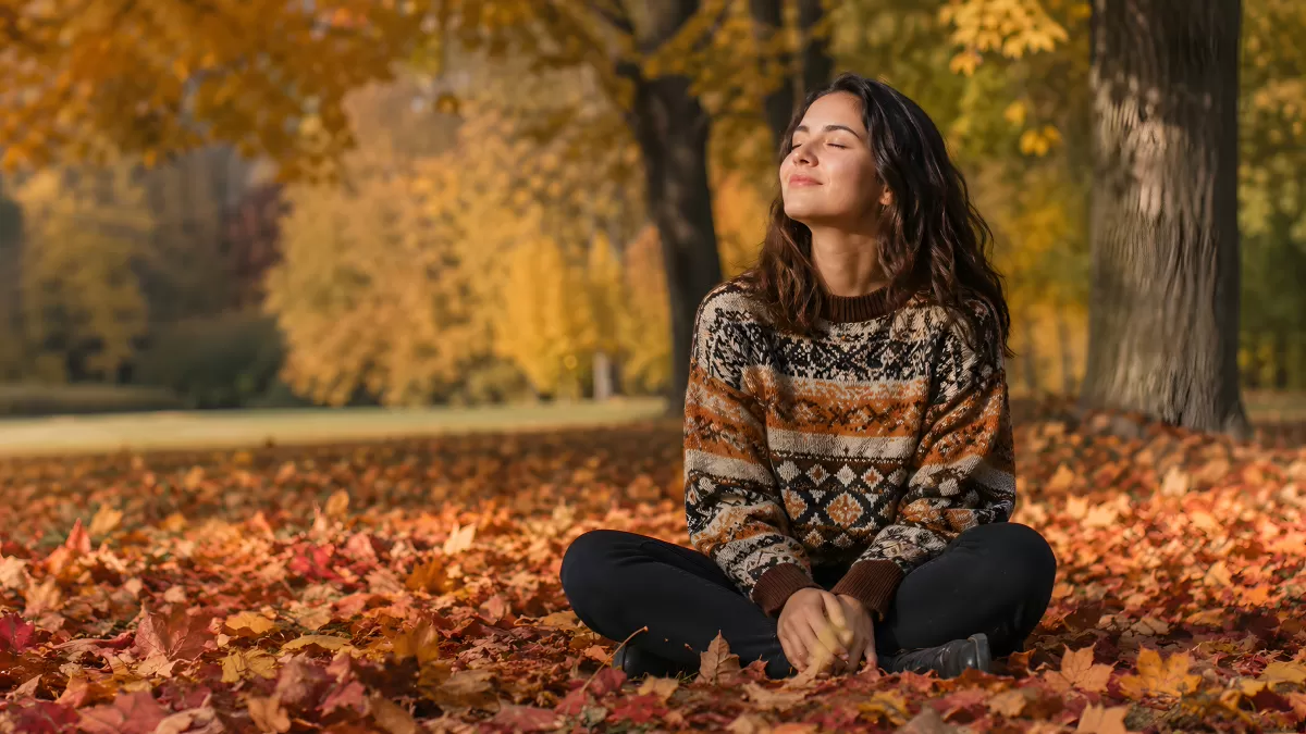 Frau meditiert entspannt im herbstlichen Park