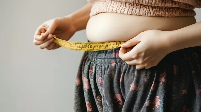 Frau misst Bauchumfang mit Maßband