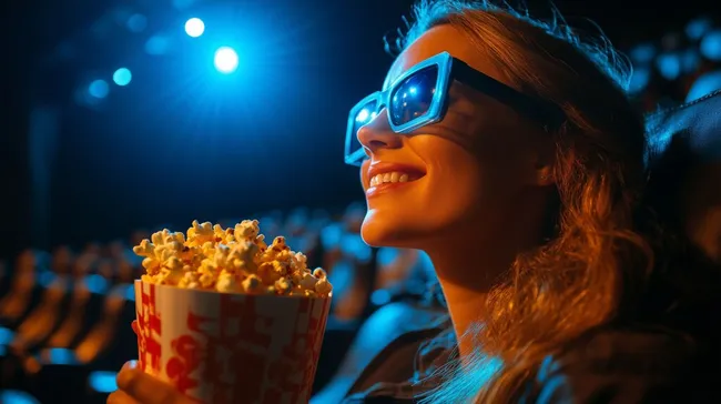 Frau mit 3D-Brille und Popcorn im Kino genießt Filmerlebnis
