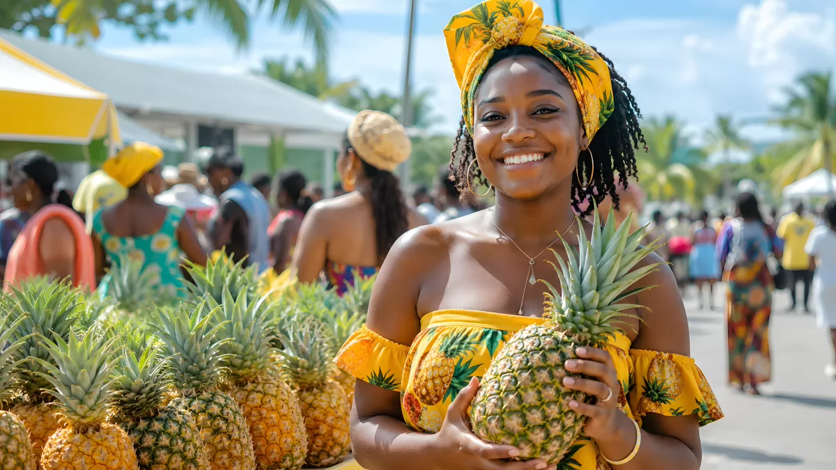 Frau mit Ananas auf tropischem Marktfest