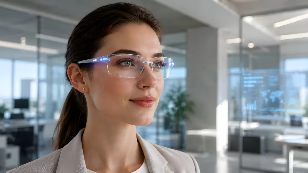 Frau mit AR-Brille im modernen Büro