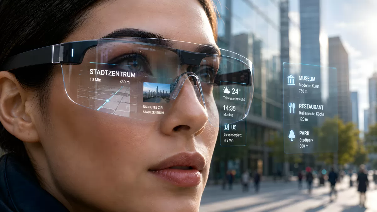 Frau mit AR-Brille zeigt Stadtnavigation in Echtzeit