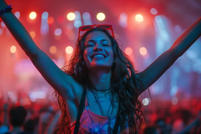 Frau mit Armen in der Luft genießt Nachtfeier