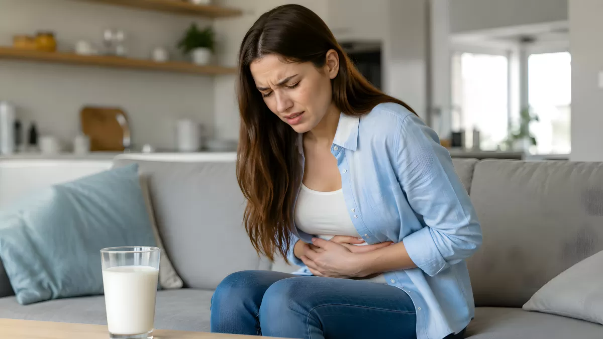 Frau mit Bauchschmerzen nach dem Trinken von Milch