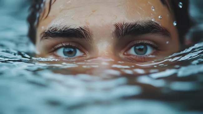 Frau mit blauen Augen taucht aus Wasser auf