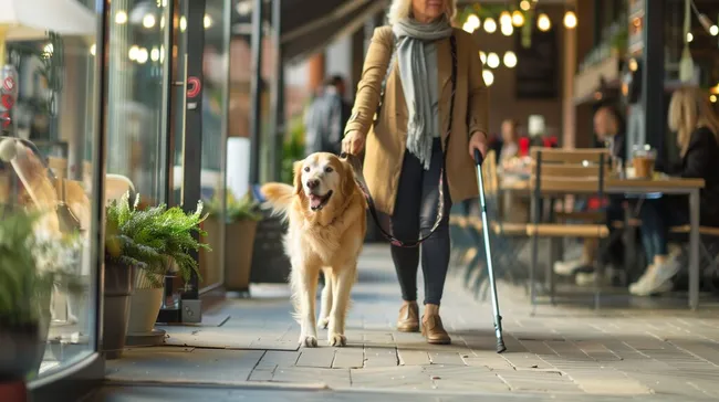 Frau mit Blindenhund in der Stadt