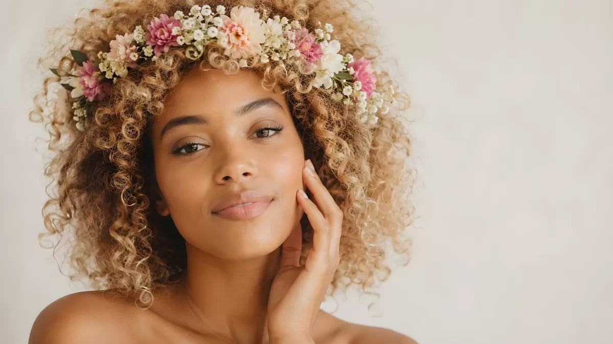 Frau mit Blumenkranz und lockigem blondem Haar