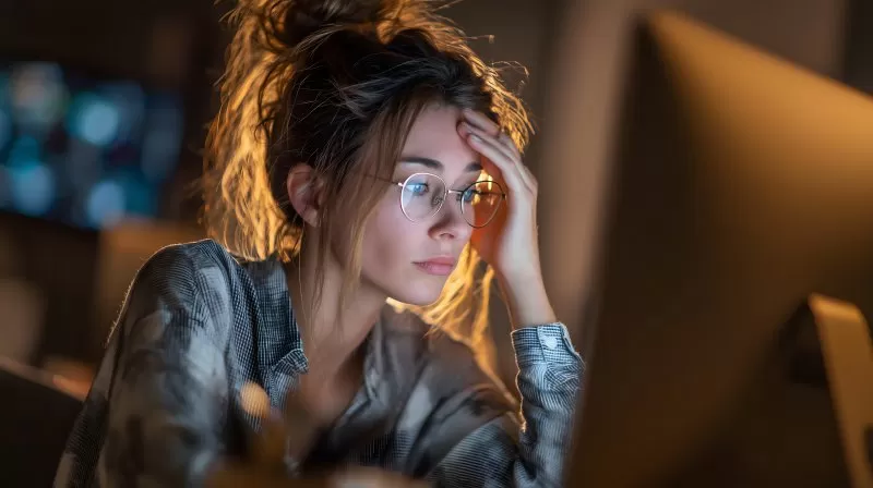 Frau mit Brille kämpft am Computer mit Konzentration