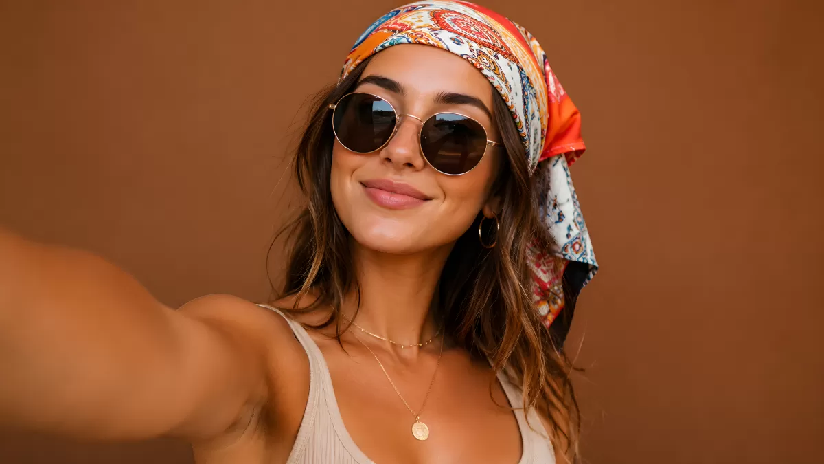 Frau mit buntem Kopftuch und runder Sonnenbrille