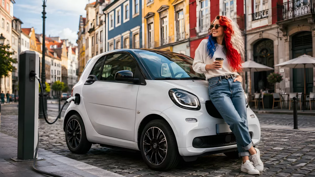Frau mit bunten Haaren lädt Elektroauto in der Stadt