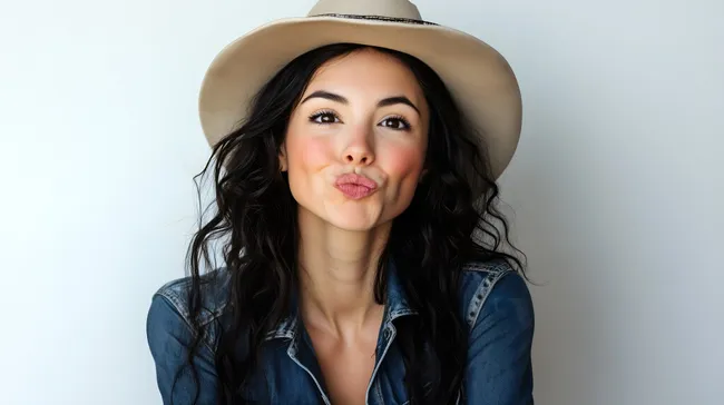 Frau mit Cowboyhut und Jeansjacke lächelt verführerisch