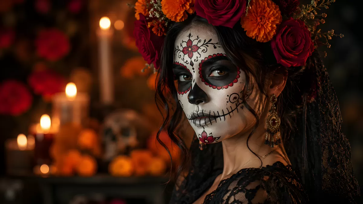 Frau mit Dia de los Muertos Schminke und Blumenkranz