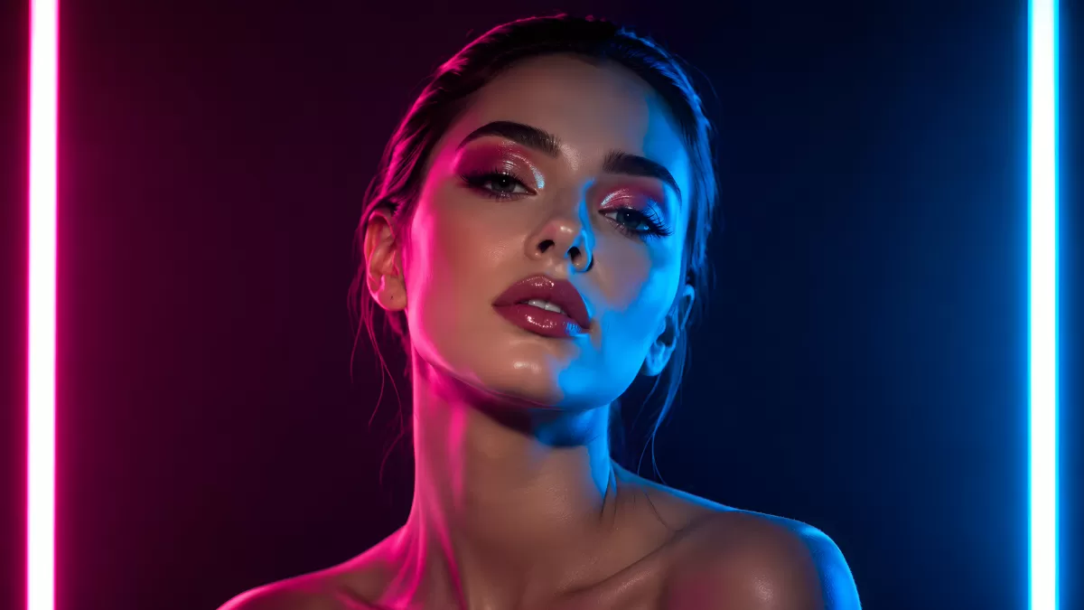 Frau mit dramatischem Make-up im Neonlicht-Studio