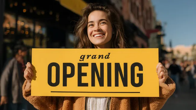 Frau mit Eröffnungsschild in bunter Stadt